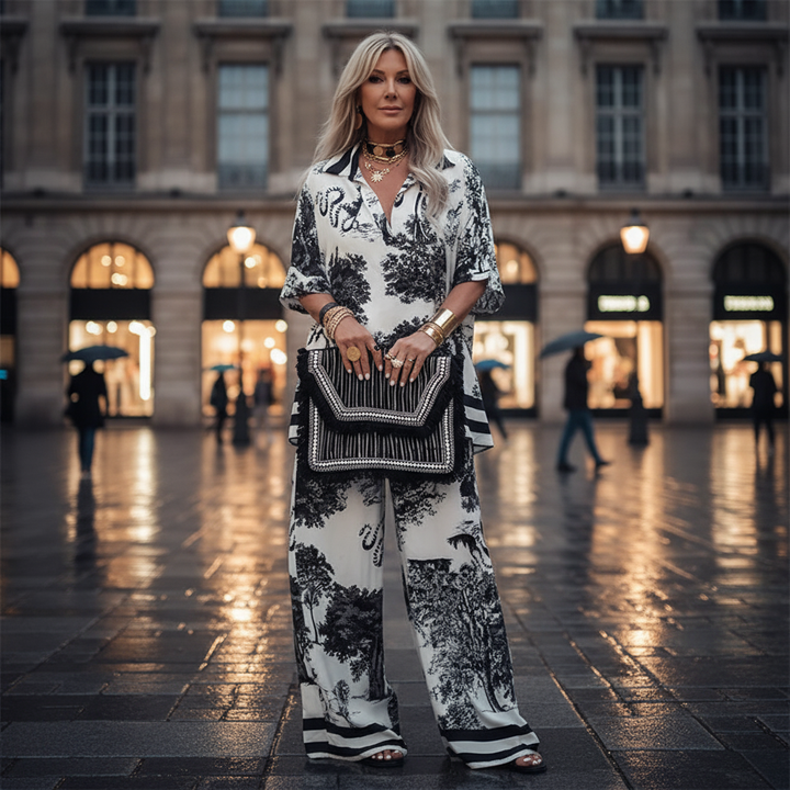 V-Neck Printed Top and Long Pants Set